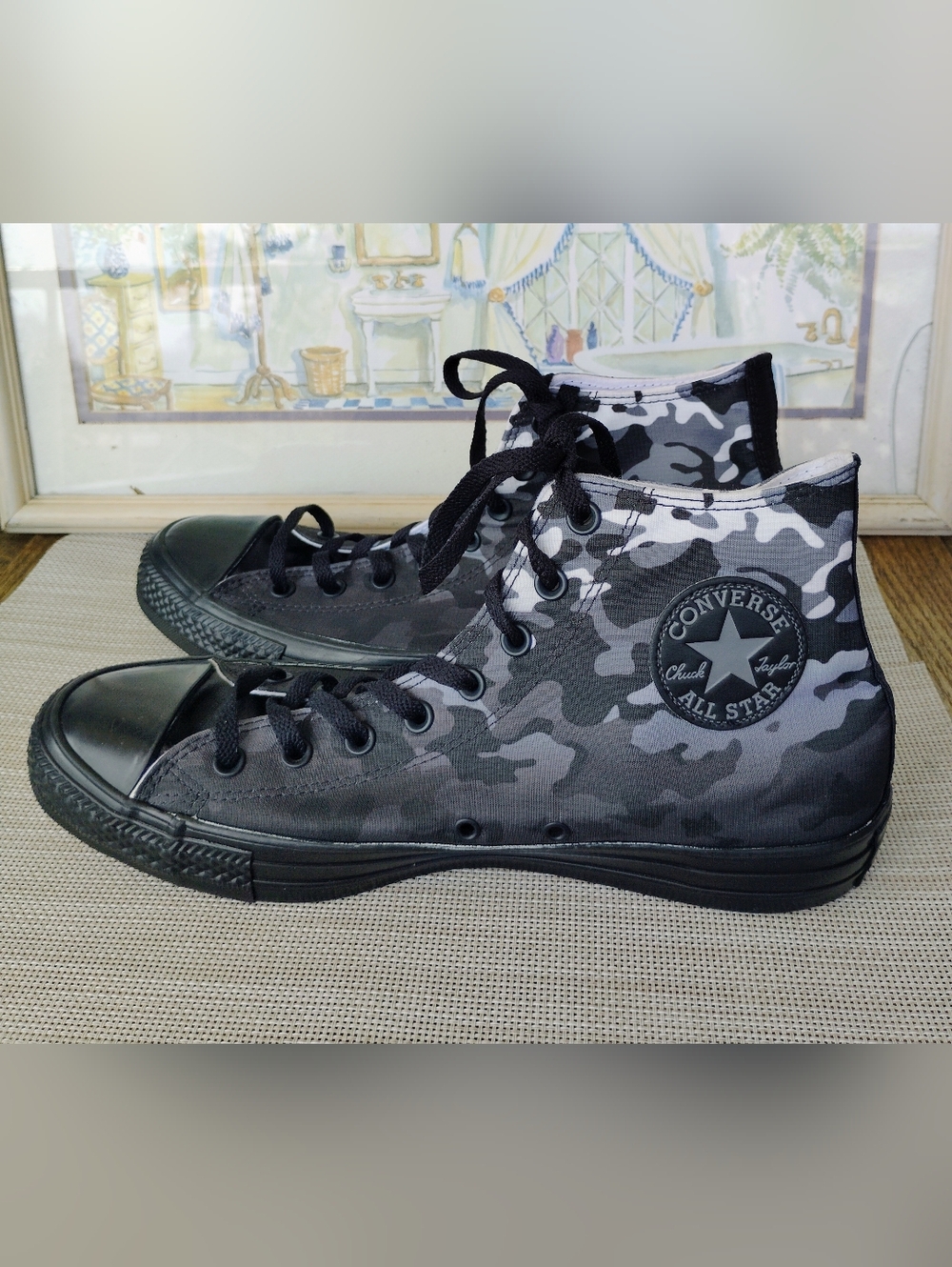 Converse "Chuck Taylor All-Star Hi" Black/White Camo Canvas Sneakers. Size 11.